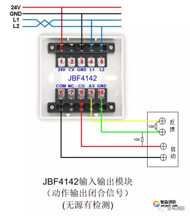 JBF4142输入/输出模块动作输出闭合信号(无源有检测)接线图