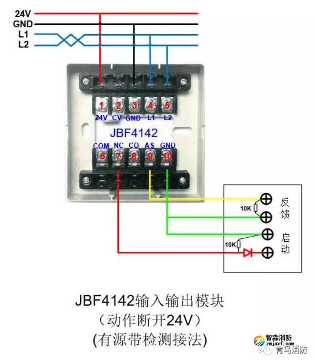 JBF4142输入/输出模块动作断开24V(有源有检测)接线图