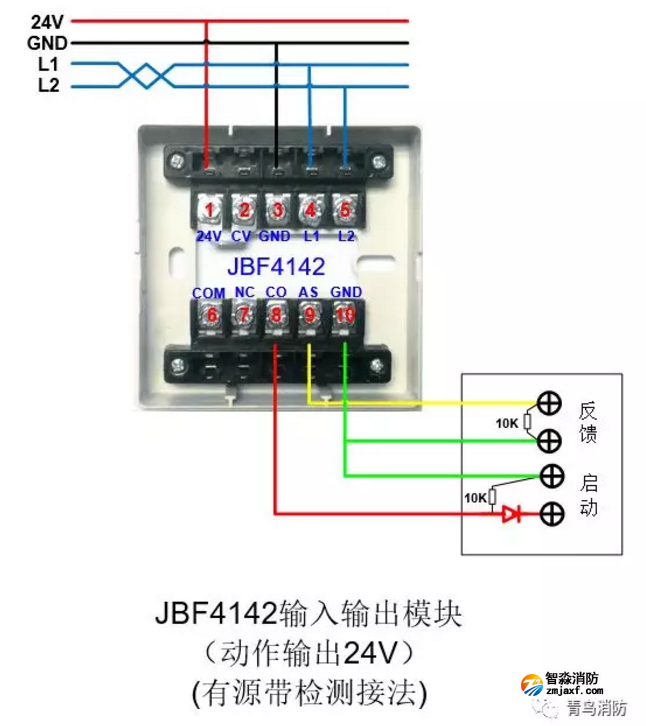 JBF4142输入/输出模块动作输出24V(有源有检测)接线图
