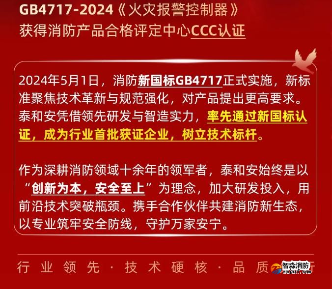 泰和安乐鱼在线(中国)首批获得GB4717-2024《火灾报警控制器》新国标3C认证